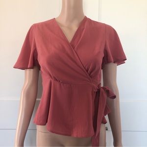 Monteau Rose Pink Mauve Textured Flutter Sleeves Wrap Top Blouse Small XS